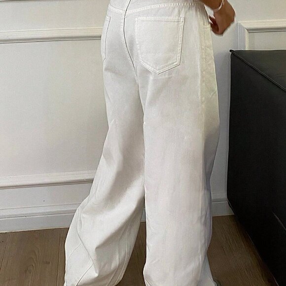 White Casual Women's Solid Color Loose Denim Pants - Picture 3 of 9
